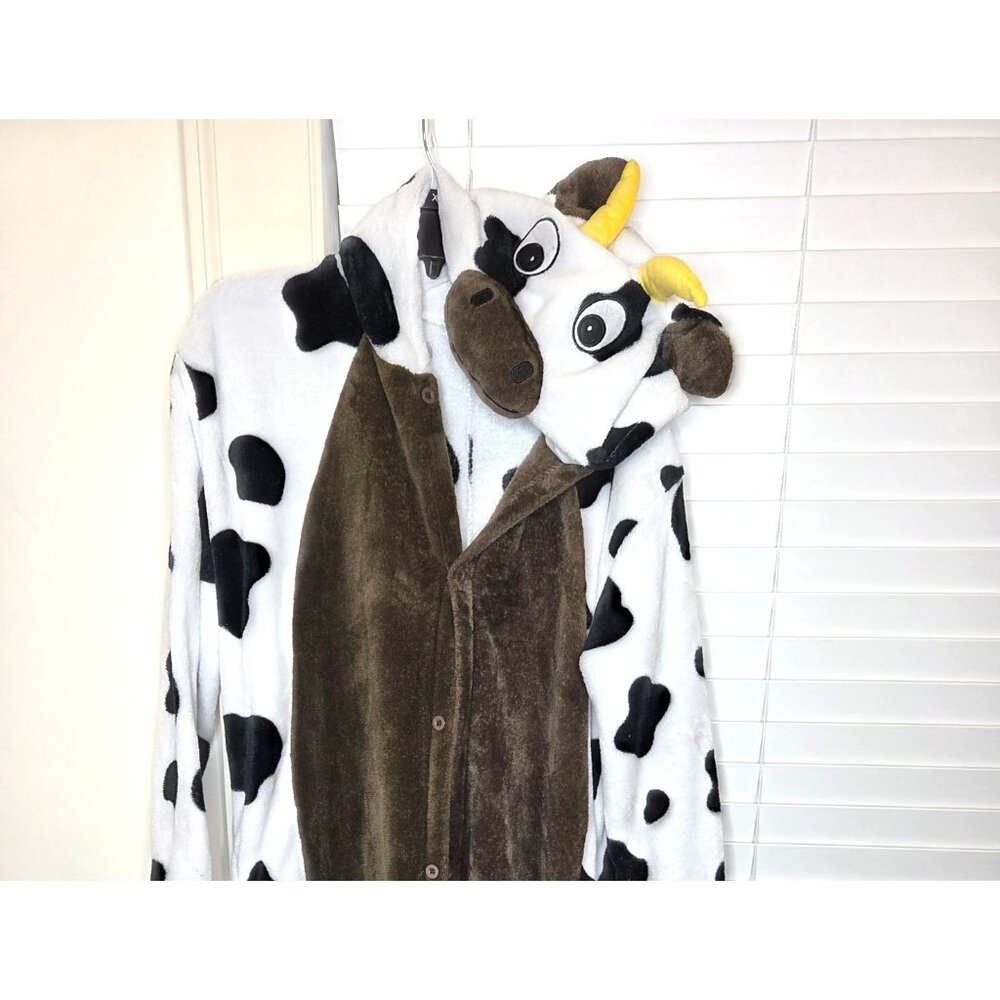 Adult COW Onesie Costume Pajamas Hood Face Horns XL Fleece Cosplay Furry